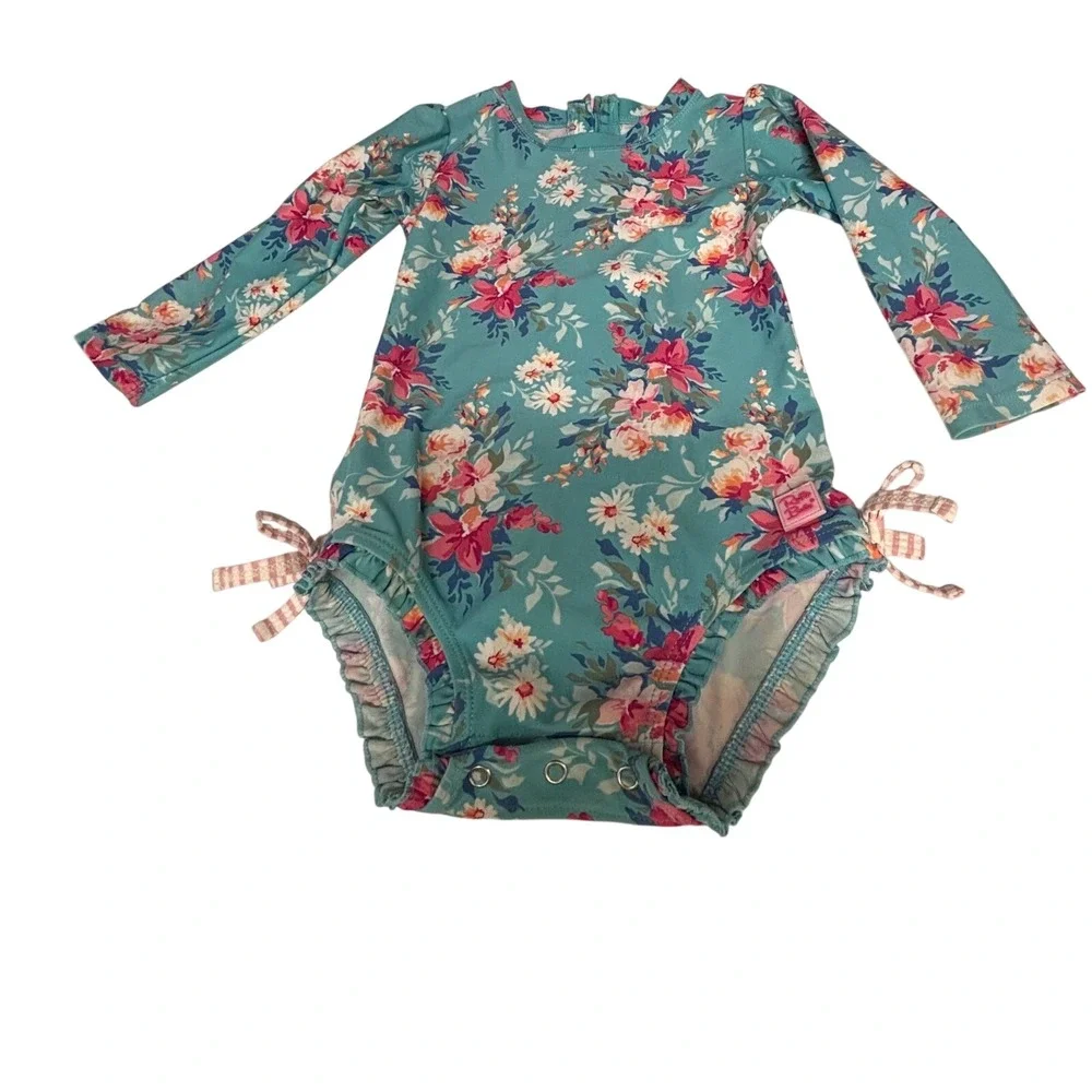 RuffleButts Girls Teal Floral Long Sleeve Rash Guard Swimsuit 18-24M Ruffles